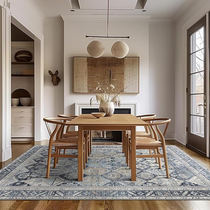 Bavni Washable Rug 8x10 Area Rug for Living Room Bedroom Dining, Washable Vintage Print Carpet, Ultra-Thin Chenille Low Pile Lightweight Rug with Non Slip Backing, Blue