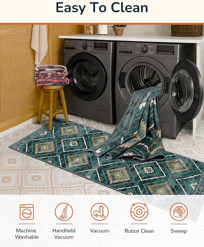 Area Rug 4x6 Rug Machine Washable Non-Slip Low Pile Print Pattern Western Rug for Living Room Bedroom Entryway Tribal Series -Teal/Green