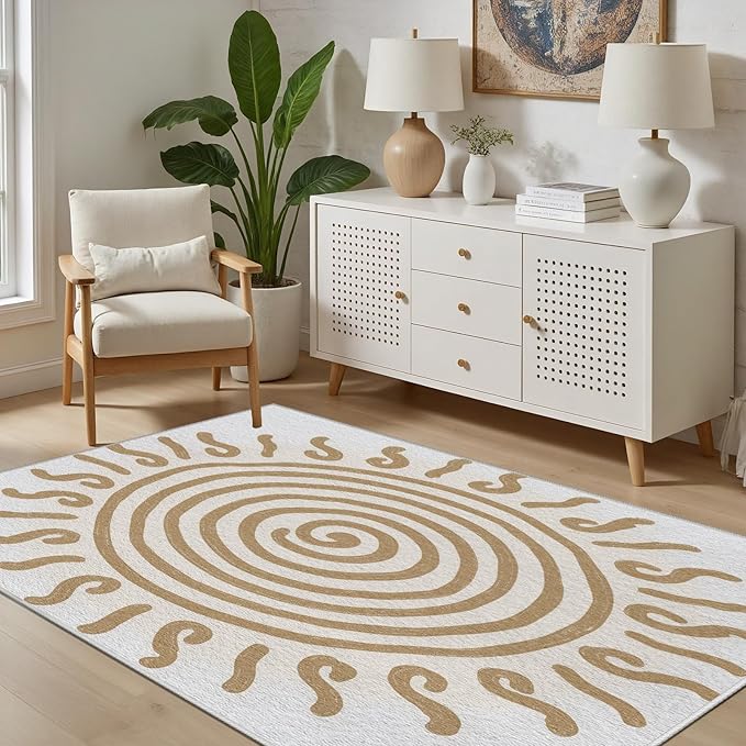 Boho Washable Rugs for Bedroom 4x5, Modern Sun Print Soft Minimalism Area Rug, Non Slip Low Pile Abstract Carpet for Classroom Living Room Decor Dining Room, Beige Yellow