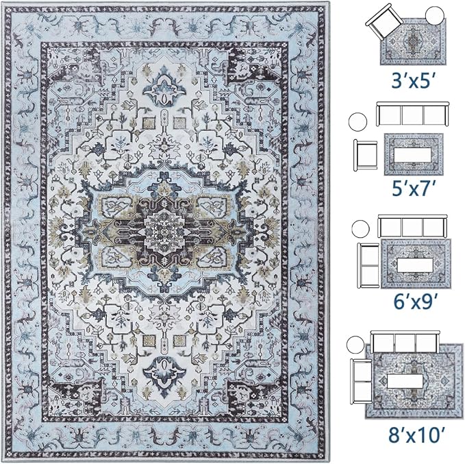 8x10 Large Area Rugs for Living Room, Washable Vintage Rugs-Low Pile Carpet, Non-Slip Soft Distressed Printed Patterns Rugs for Bedroom, Dining Room, Blue