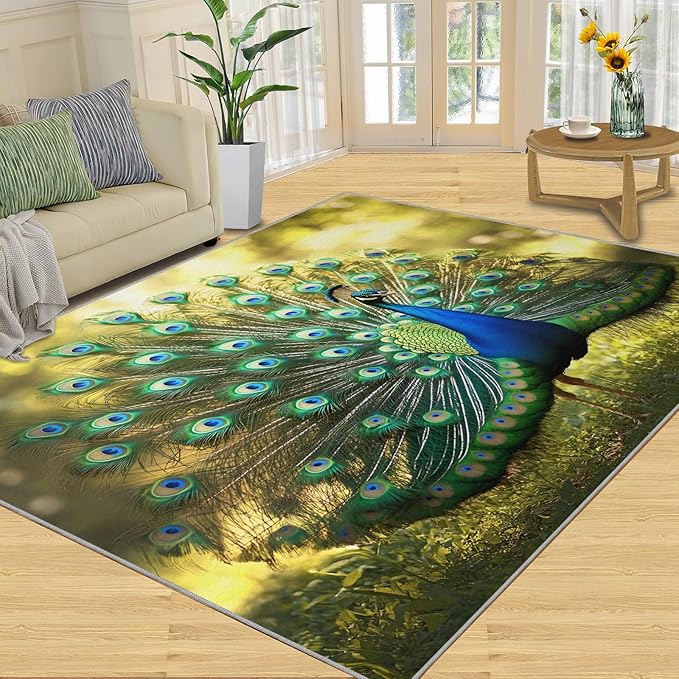 Peacock Rug 5x7-5x7 Rug, Wonderful Peacock Area Rugs for Bedroom, Nature Rugs for Living Room, Modern Style Washable Mat, Aesthetics Carpet - Peafowl Home Decor & Gifts