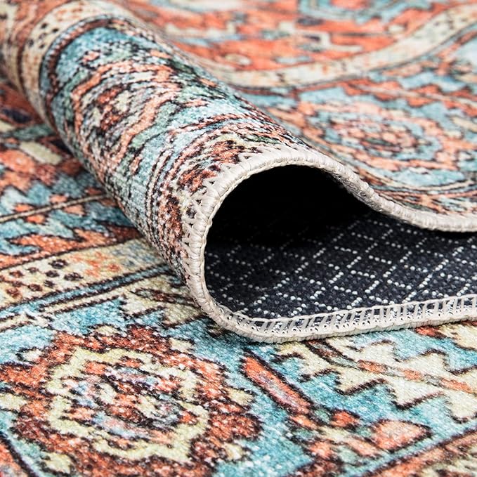 Bloom Rugs Washable Non-Slip 6' x 9' Rug - Orange/Blue Traditional Area Rug for Living Room, Bedroom, Dining Room, and Kitchen - Exact Size: 6' x 9'