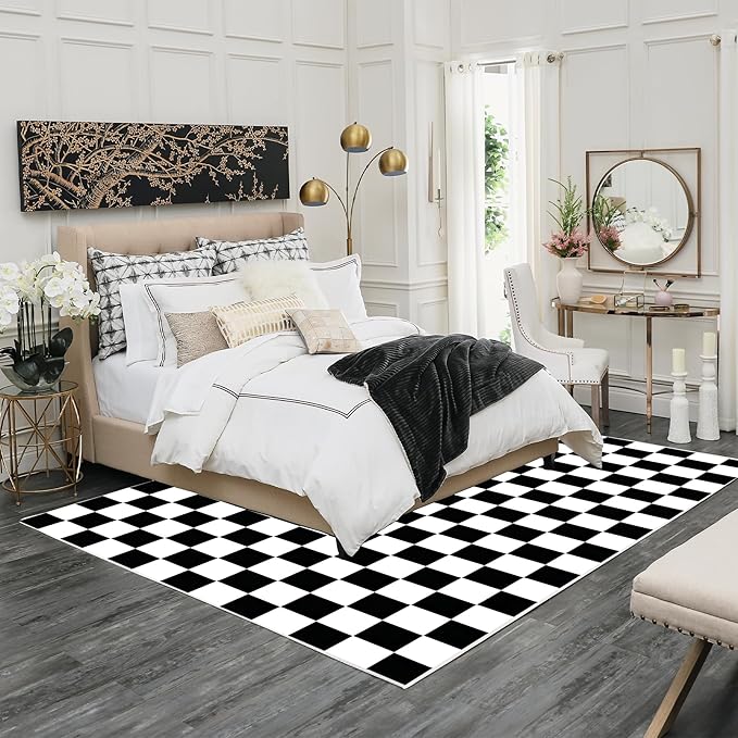 Checkered Rug 5x7 Large Washable Black and White Checkered Rug Modern Ultra Soft and Low-Pile Non-Slip Bedroom Carpet for Dining Room Living Room Home Decor (Black and White, 5x7ft)