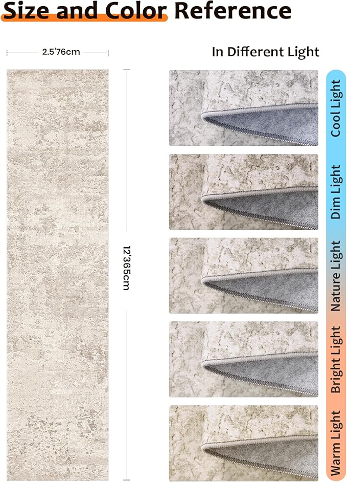 Art&Tuft Non-Slip Runner Rug - 2.5x12 Runner Rug Washable Low-Pile Rugs Runners, Soft Distressed Carpet Runner for Bedroom Bathroom Kitchen Laundry Living Room, Beige
