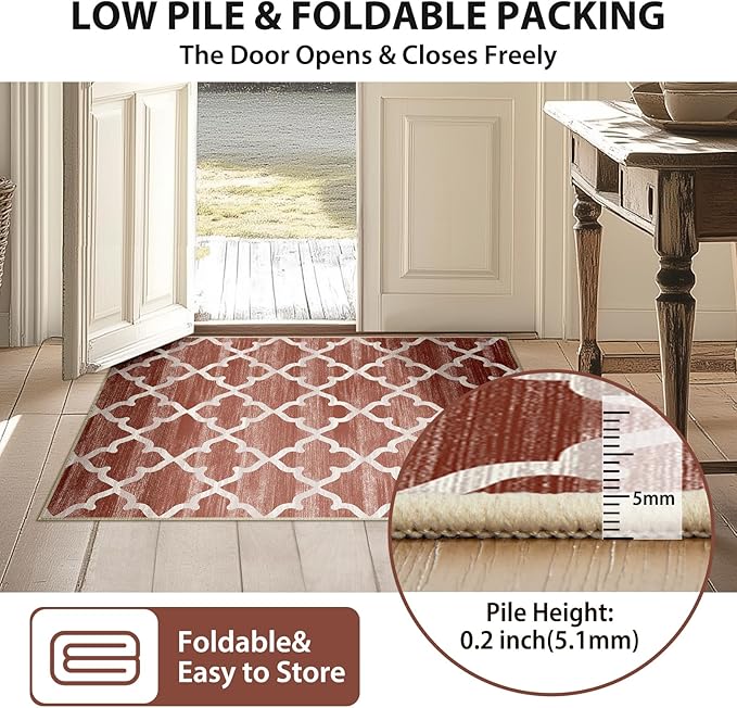 Area Rug 6x9, Moroccan Trellis Print Carpet, Machine Washable Non-Slip Rugs for Living Room, Bedroom, Dining Room & Entryway, Red