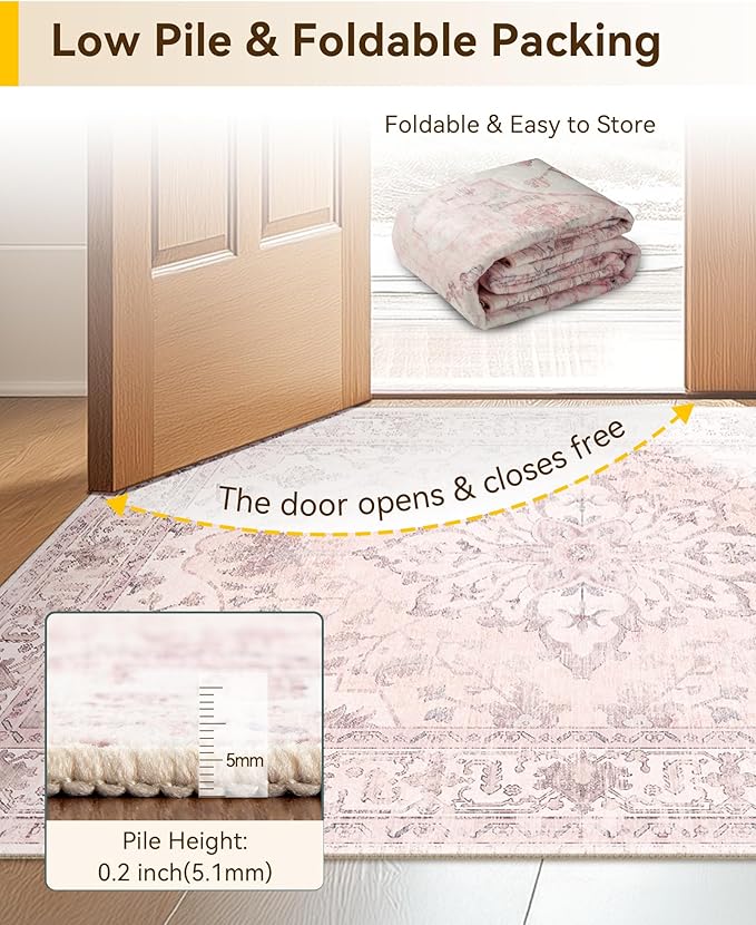 Area Rugs 2'x4' Washable Non-Slip, Floral Vintage Distress Print Pattern Medallion Carpet for Living Room Bedroom Dining Room, Pink Greypink Cute