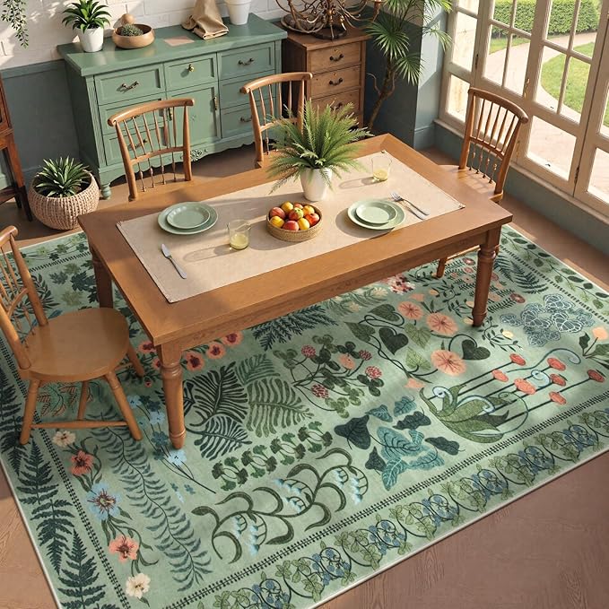 Boho Green Washable 8x10 Area Rug for Living Room, Floral Large Rugs for Bedroom Aesthetic, Non Slip Botanical Soft Indoor Throw Carpet for Dining Room Home Office Playroom (Green,8 x 10)