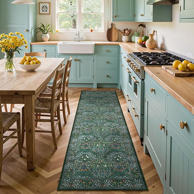 Lahome Floral Washable Runner Rug, 2'6''x8' Soft Hallway Rug Non Slip, Boho Ultra-Thin Kitchen Runners for Hallways with Rubber Backing Carpet Runner for Laundry Bedroom Bathroom, Dark Green