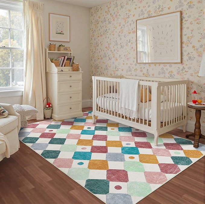 jinchan Macy Area Rug 5x7 Kids Washable Indoor Floor Cover Non-Slip Modern Soft Rug Elementary School Classroom Colorful Diamond Carpet for Nursery Playroom Daycare Living Room Confetti on Cream
