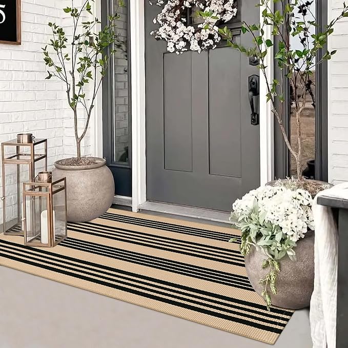 Striped Outdoor Front Door Mat 24"x51", Cotton Hand Woven Washable Black and Khaki Rug Runner, Reversible Foldable Indoor Layered Front Door Rugs for Entryway/Farmhouse/Home Entrance