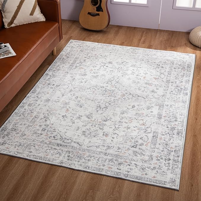 Area Rug – 6x9 Washable Ultra-Soft Vintage Boho Faux Wool Carpet for Living Room, Dining Room, Bedroom, Home Office (Grey)