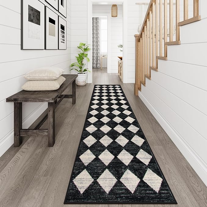 Lahome Checkered Washable Rug Runners for Hallways Non Slip,2x10 Black Kitchen Bathroom Runner Rug,Trellis Low Pile Indoor Carpet Runner for Bedroom Entryway Foyer(2'x10',Black)