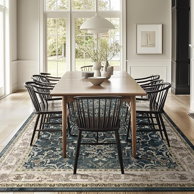 Large Vintage Area Rugs 9x12 for Living Room, Dark Distressed Medallion Printed Big Carpet Rugs for Bedroom, Washable Non Slip Low Pile Thin Rugs for Dining Room, Midnight/Multi