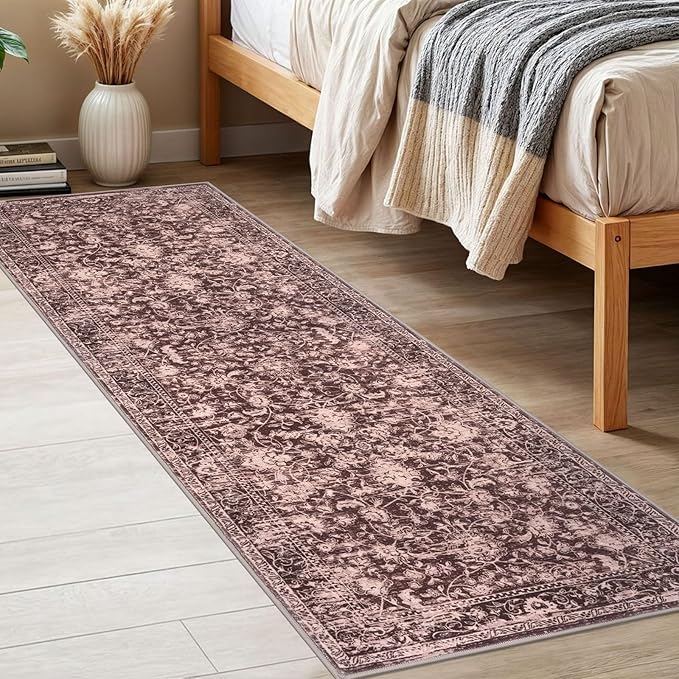 KILOCOCO Hallway Runner 2x6 Rug Runner Printed Vintage Floral Washable Kitchen Runners Non-Slip Rubber Backed Runners for Hallways Laundry Room Distressed Boho Rugs for Entryway Bedroom, Red
