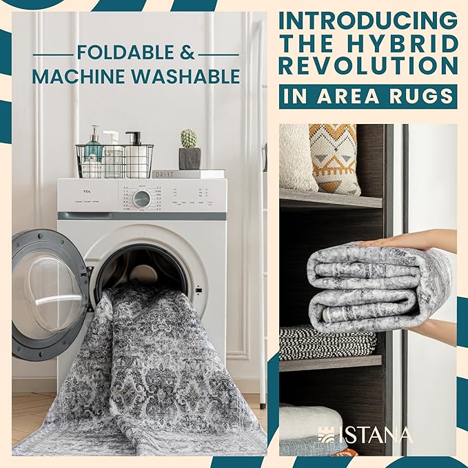 Istana 5x7 Area Rug - Grey Rugs for Living Room 5x7 - Foldable Rugs for Bedroom - Stain Resistant Washable Rug - Eco-Friendly Boho Area Rugs - Easy to Clean Living Room Rug