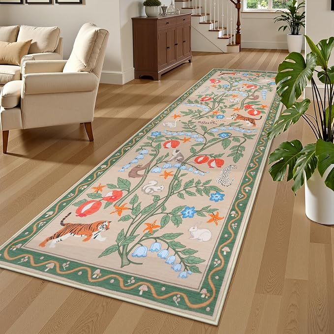 Collive Rug Runners for Hallway 2.6x8, Washable Jungle Animal Kitchen Runner Carpet Green Non Slip Bathroom Mats, Soft Low Pile Stain Resistant Entryway Rugs for Bedroom, Laundry Room
