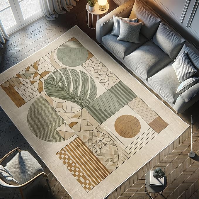 Ambesonne Mid Century Modern Boho Decorative Rug, Monstera Leaf Geometric Grid Ornaments and Circles, Quality Carpet for Bedroom Dorm and Living Room, 2' 2" x 3' 7", Tan Ginger and Laurel Green
