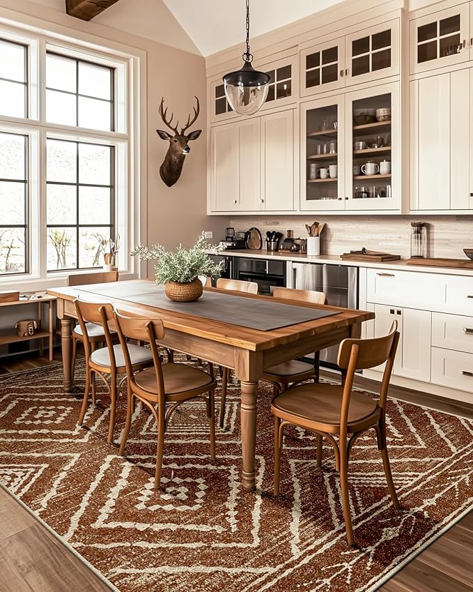 Area Rug 4x6 Rug Machine Washable Non-Slip Low Pile Print Pattern Western Rug for Living Room Bedroom Entryway Tribal Series -Yellowbrown/Cream