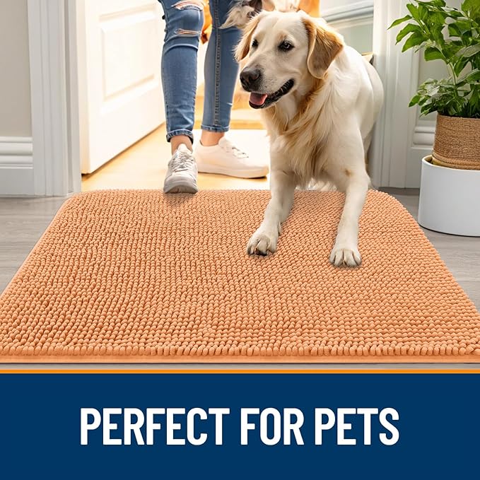 OLANLY Dog Door Mat for Muddy Paws 48x30, Absorbs Moisture and Dirt, Absorbent Non-Slip Washable Doormat, Quick Dry Chenille Mud Mat for Dogs, Entry Indoor Entryway Carpet for Inside Floor, Orange
