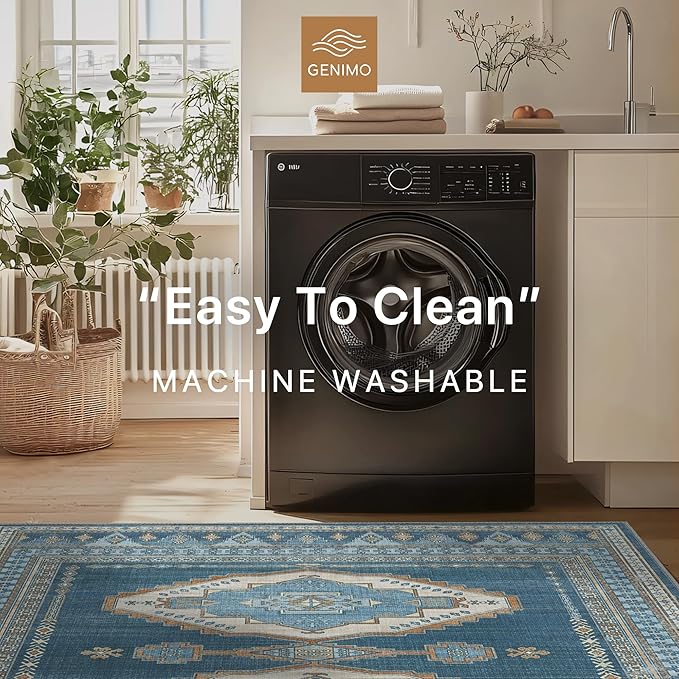 GENIMO Machine Washable 8x10 Area Rugs for Living Room, Non Slip Vintage Rugs, Low Pile Lightweight Chenille Print Rug for Bedroom, Dining Room, Home Office, Navy/Brick
