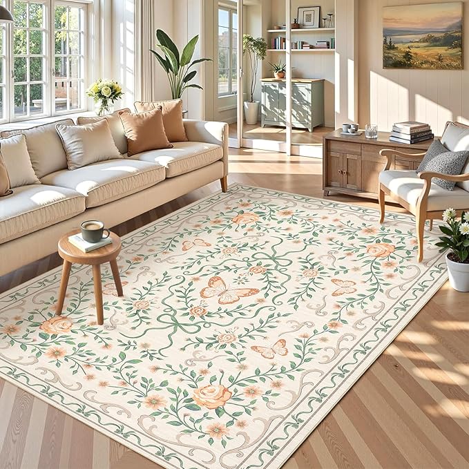 GarveeHome Floral Area Rug 4x6 Entryway Rug Low Pile Bedroom Beige Bow Rugs Non Slip Stain Resistant Dining Room Throw Carpet Small Living Room Butterfly Rugs Soft Boho Mats for Kitchen Nursery, 4x6