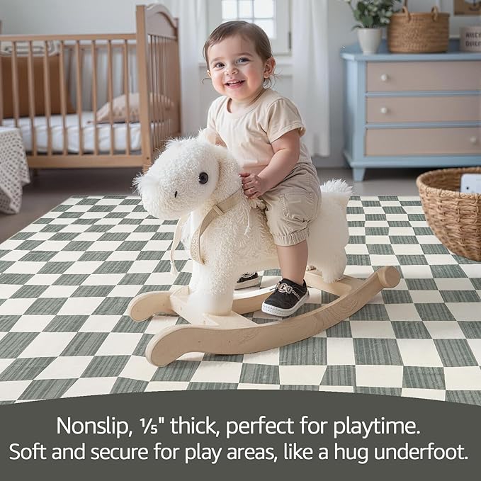jinchan 6x9 Checkered Area Rugs for Kids Room - Machine Washable Soft Rug Modern Geometric Lattice Non-Slip Carpet for Nursery Playroom Classroom Living Room Bedroom Dining Room Home Office Grey