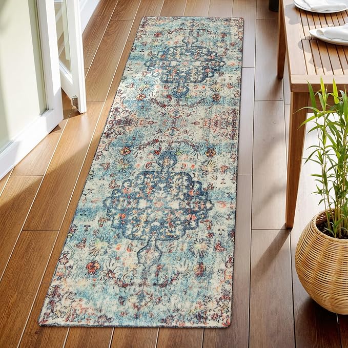 Lahome Bohemian Floral Medallion Runner Rug - 2x6 Hallway Laundry Rug Runner Washable Kitchen Sink Mat Distressed Turkish Non-Slip Soft Bedside Carpet for Doorway Bedroom, Vintage Teal/Multi