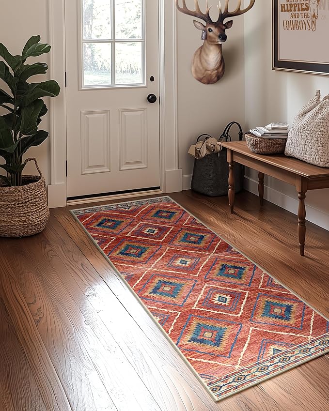 Area Rug 2x6 Rug Machine Washable Non-Slip Low Pile Print Pattern Western Rug for Living Room Bedroom Entryway Tribal Series -Red/Orange