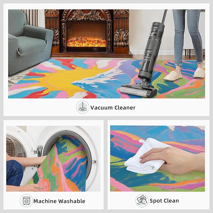 Boho Sun Area Rugs 4x5ft, Watercolor Mountain Kids Play Rug, Abstraction Deco Throw Rugs Bedroom Fluffie Soft for Coffee Shop Living Room Under Table Game Room