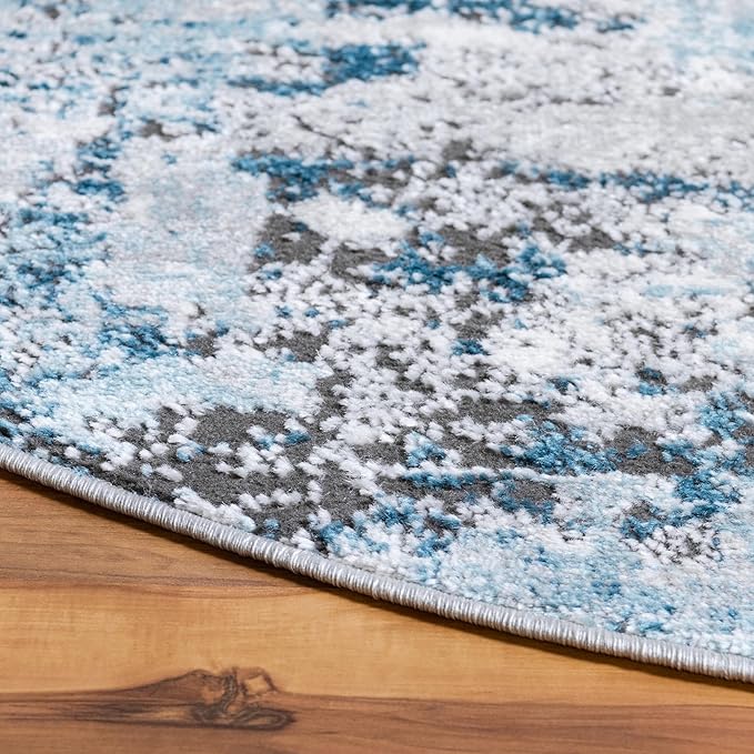 Rugs.com Leipzig Collection Rug – 4 Ft Round Blue Low-Pile Rug Perfect for Kitchens, Dining Rooms
