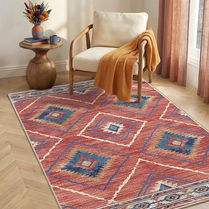 Area Rug 2x4 Rug Machine Washable Non-Slip Low Pile Print Pattern Western Rug for Living Room Bedroom Entryway Tribal Series-Red/Orange