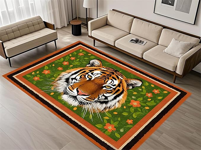 Tiger Print Rug,5x6ft,The Tiger is Surrounded by Orange and Green Floral Patterns. This Rug is Suitable for Boys and Girls' Bedrooms，Anti-Slip Carpet Suitable for Living Room Bedroom Home Decoration