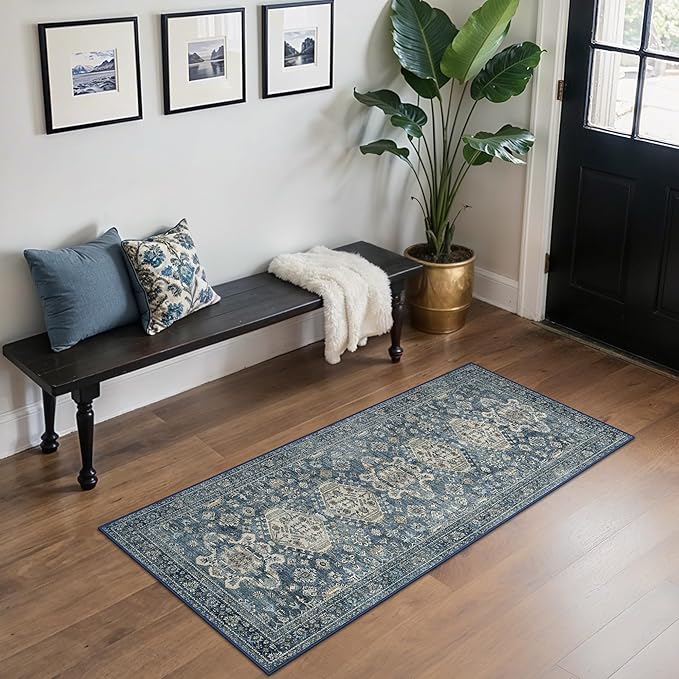 Bavni Washable Runner Rug 2x5, Non Slip Vintage Hallway Runner, Ultra Thin Low Pile Washable Carpet for Kitchen Entryway Bedroom, Blue