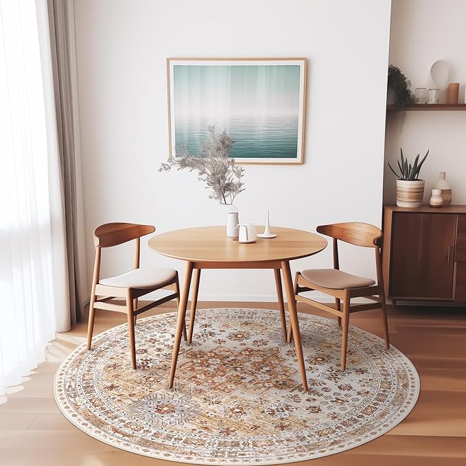 zesthome Washable Round Area Rugs - Non-Slip 6ft Round Rugs, Ultra-Thin Large Circle Rugs for Living Room, Soft Low Pile Rug for Bedroom, Kitchen, Nursery - Vintage Stain Resistant Round Rug