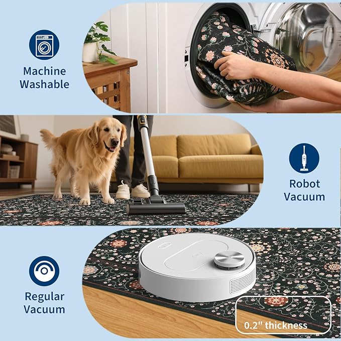 GarveeHome Boho 6x9 Area Rug for Living Room, Floral Vintage Rugs for Bedroom with Soft Low Pile, Non Slip Stain Resistant Botanical Washable Rug 6x9 for Dining Room Black Carpet for Dorm Office