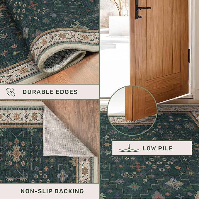 Vintage Dark Green 6x8 Dining Room Rugs for Under Kitchen Table - Washable Livinig Room Rug - Unique Floral Pastel Low Pile Non-Slip Area Rugs for Bedroom