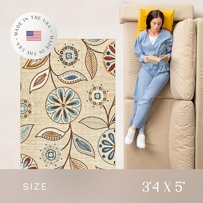 Maples Rugs Reggie Floral Area Rug - Made in USA - Washable, Non Slip, Pet-Friendly Mats for Living Room, Bedroom, and Office, 3'4 x 5, Beige