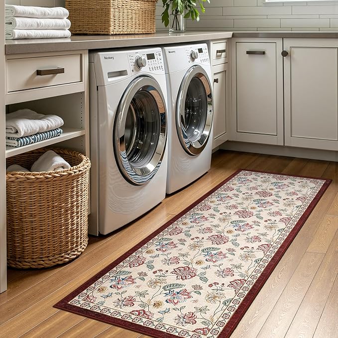 jinchan Elora 2x5 Floral Runner Rug for Hallway Washable Kitchen Runner Vintage Romance Design Non Slip Thin Indoor Floor Cover Low-Profile Throw Carpet for Entryway Bathroom Bedroom Porch, Red/Beige