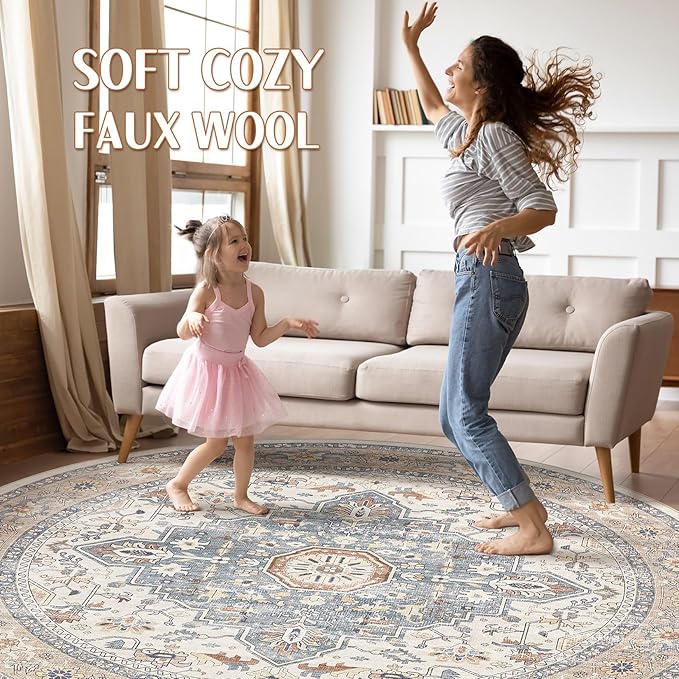 Round Rug Living Room Rugs: 7x7 Washable Boho Neutral Large Circle Soft Indoor Distressed Stain Resistant Floor Farmhouse Carpet for Bedroom Nursery Kids Playroom Office Dining Room Dorm- Beige Blue