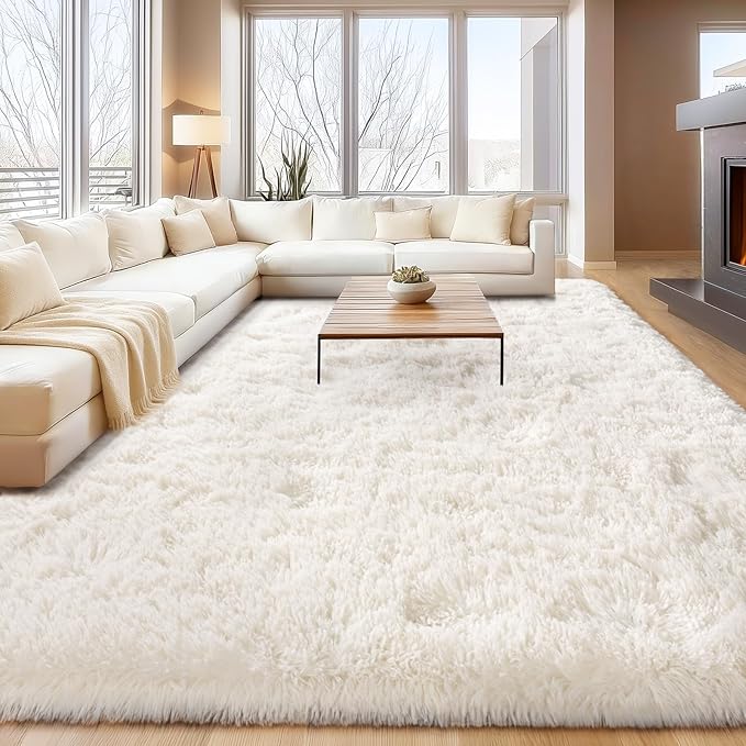 Cream White Plush Rug for Living Room Fuzzy Carpet for Bedroom Dorm, Non-Slip High Pile Rug, Shag Rug for Playroom Nursery Home Office Decor 4X6 Ft