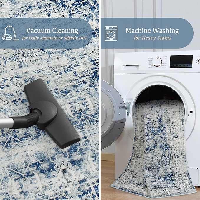 Morebes Vintage Rug Runners for Hallways Non Slip,Washable Runner Rug 2x10, Soft Long Distressed Non-Shedding Throw Carpet Runner Rug for Entryway Kitchen Laundry Living Room, Blue