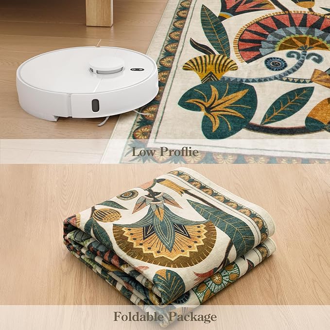 Egypt Floral Washable Area Rugs for Living Room 5x7 Boho Large Vintage Beige Bedroom Dining Room Rug,Non Slip Soft Throw Carpet for Entryway Kitchen Office Hardwood Playroom (5 x 7)