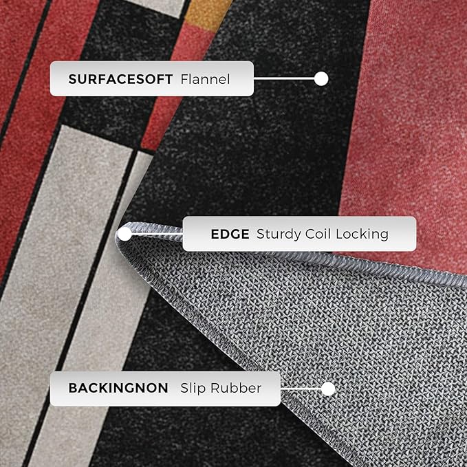 8x12 Abstract Geometric Rugs for Bedroom Decor, Washable Black White Red Pattern Area Rug, Living Room Home Decoration, Non Slip Soft Thin, Minimalist Modern Decor Large Carpet PF-P 49