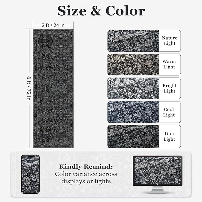 Charcoal Black 2x6 Runner Rug for Hallways Entryway, Vintage Earth Tone Kitchen Bathroom Runner 6ft, Non Slip Washable Low Pile Thin Carpet Runner for Mudroom/Laundry Room/Bedroom Bedside