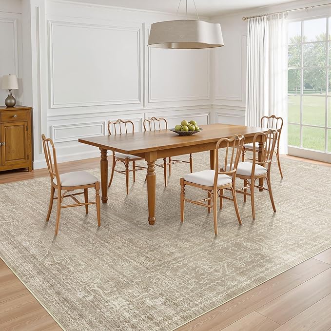 6x9 Area Rugs Living Room: Washable Large Vintage Rug Neutral Non-Slip Soft Stain Resistant Indoor Carpet for Bedroom Nursery Dining Room Under Table Bed Home House Office Playroom - Brown