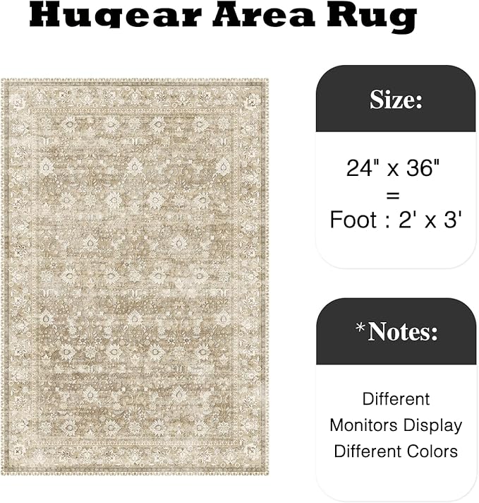HUGEAR 2x3 Small Rug Machine Washable Area Rug Beige Entryway Rugs Entrance Door Mat Indoor Accent Rugs Floral Low Pile Carpet Distressed Throw Rug Kitchen Bedroom Office Non Slip