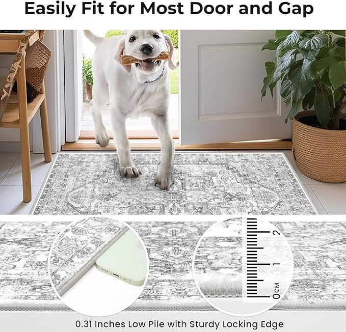 KOZYFLY Small Area Rug 2x3 Ft Rugs for Entryway Washable Boho Entry Rug Non Slip Door Mat Indoor Entrance Faux Wool Vintage Printed Kitchen Rug Throw Rugs for Entrance Kitchen, Gray