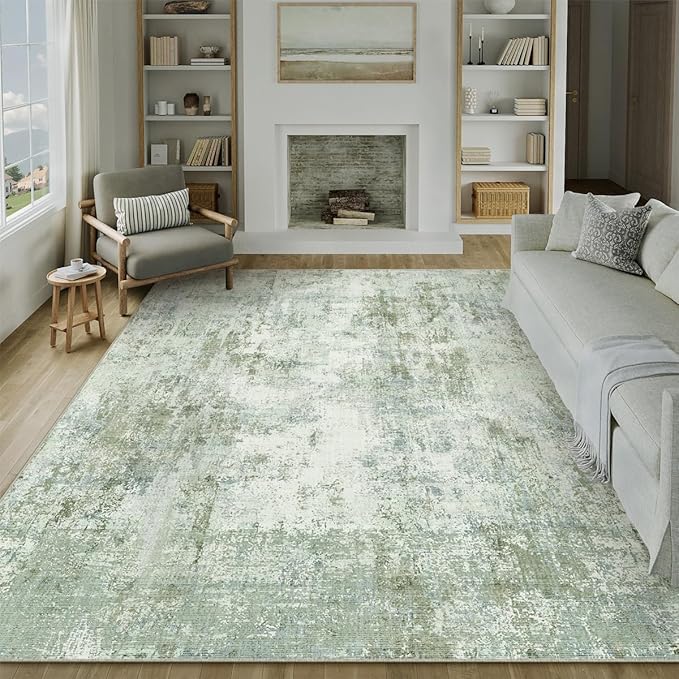 9x12 Washable Area Rug Sage Green Abstract Living Room Bedroom Carpet Neutral Modern Non-Slip Soft Low Pile Lightweight Vacuumable Large Throw Rug for Dining Room