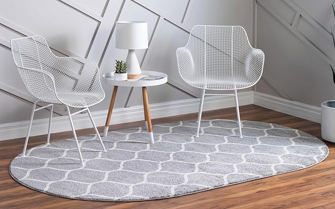 Rugs.com Lattice Frieze Collection Rug – 5' x 8' Oval Light Gray Medium Rug Perfect for Living Rooms, Large Dining Rooms, Open Floorplans