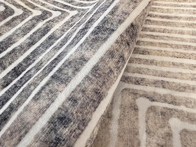 GLN Rugs Contemporary Collection - Machine Washable Area Rug, Contemporary Washable, Non Slip, Low Pile Chenille Rug, Living Room, Bedroom, Kitchen Rug (2'6" x 7' Lines Cream)